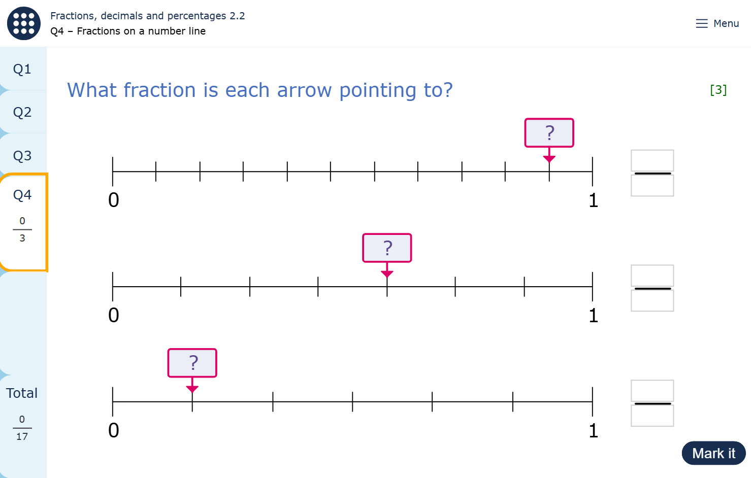 The image shows a page from a MyMaths worksheet. There are three number lines marked from 0 to 1, each divided into equal parts. An arrow points to a position on each number line, and there are empty fraction answer boxes beside them. The student needs to identify the fraction each arrow is pointing to and enter the answers.